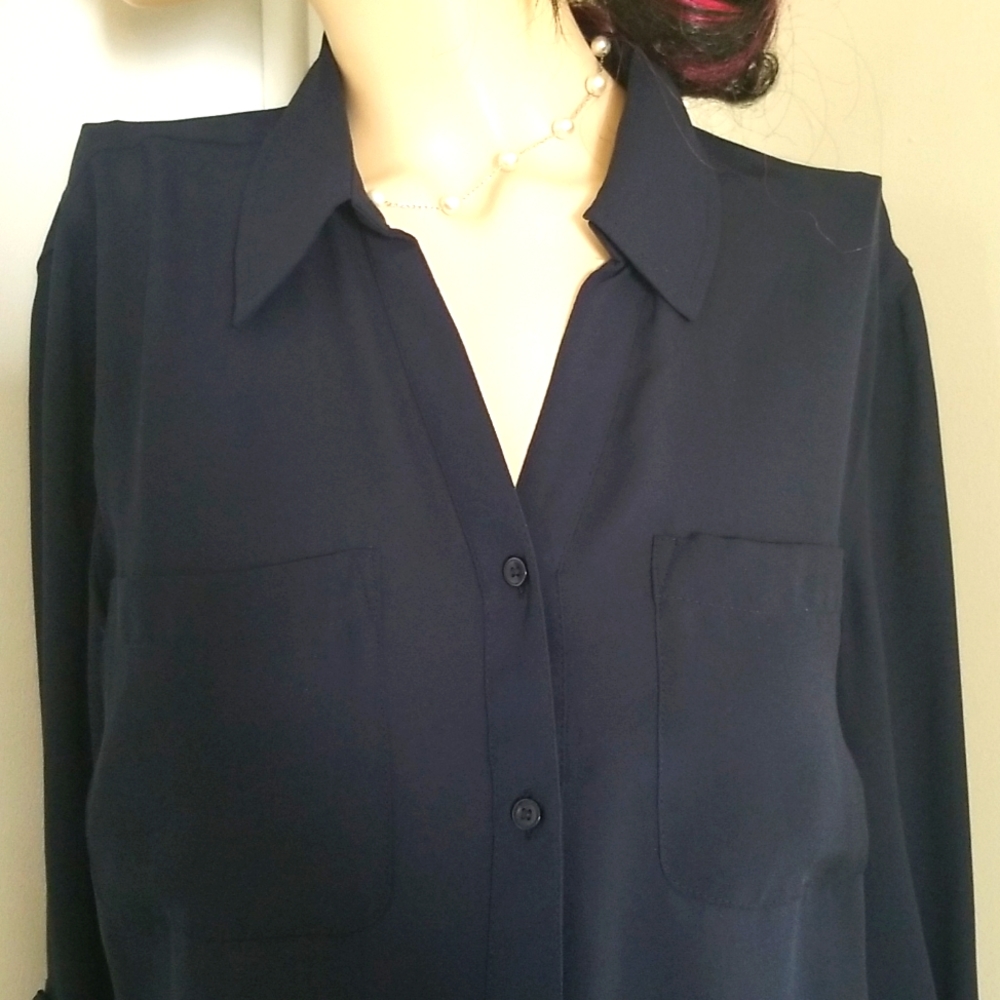 Talbots navy crepe button up blouse